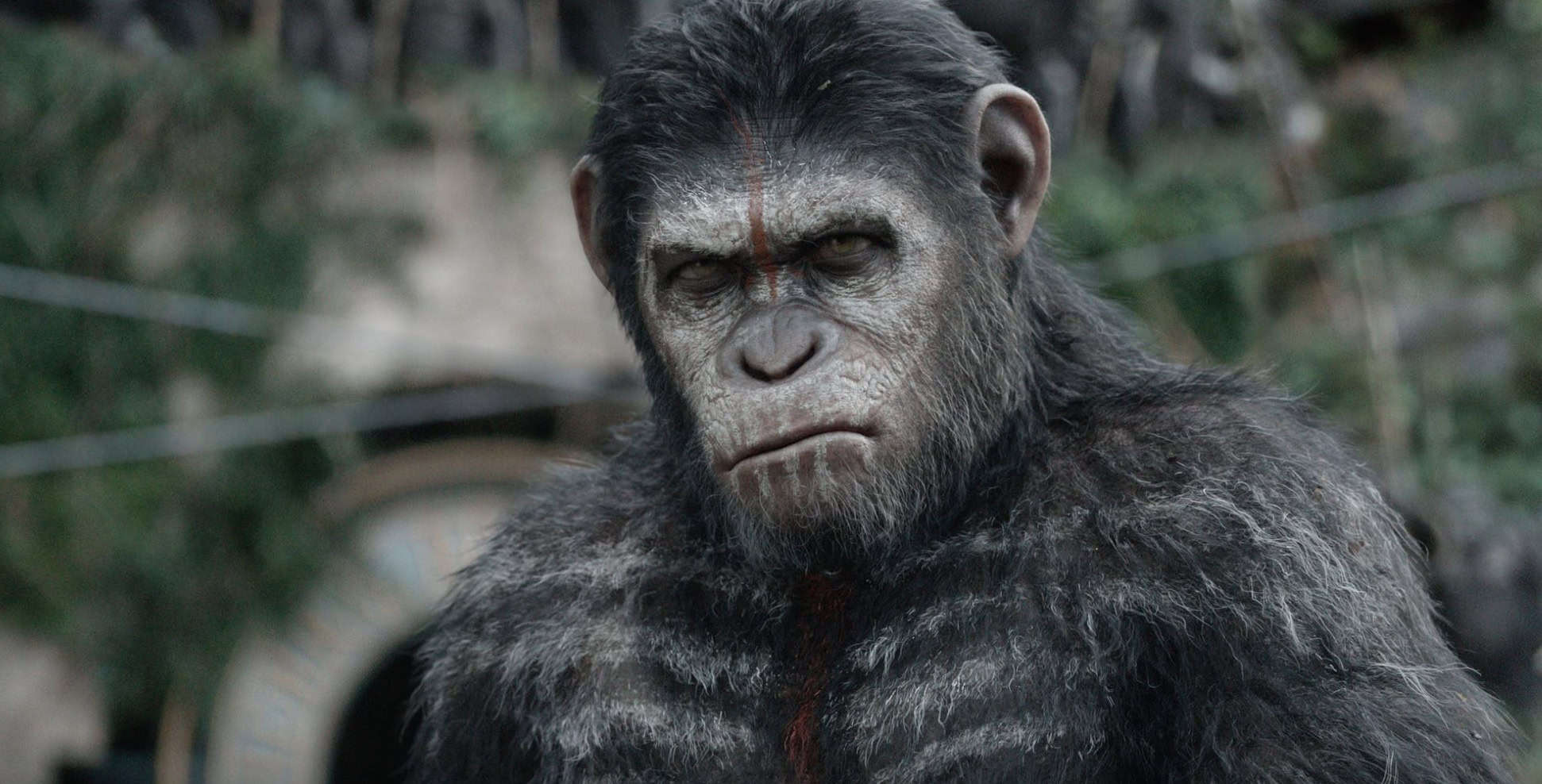 An ape stands covered in war paint in this image from The Zanuck Company.
