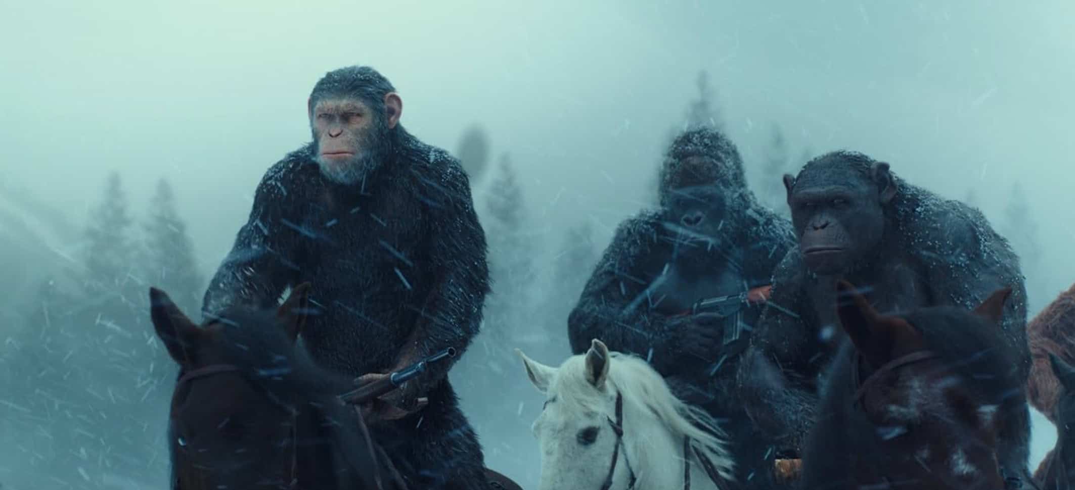 Apes ride horses in the snow in this image from Chernin Entertainment.