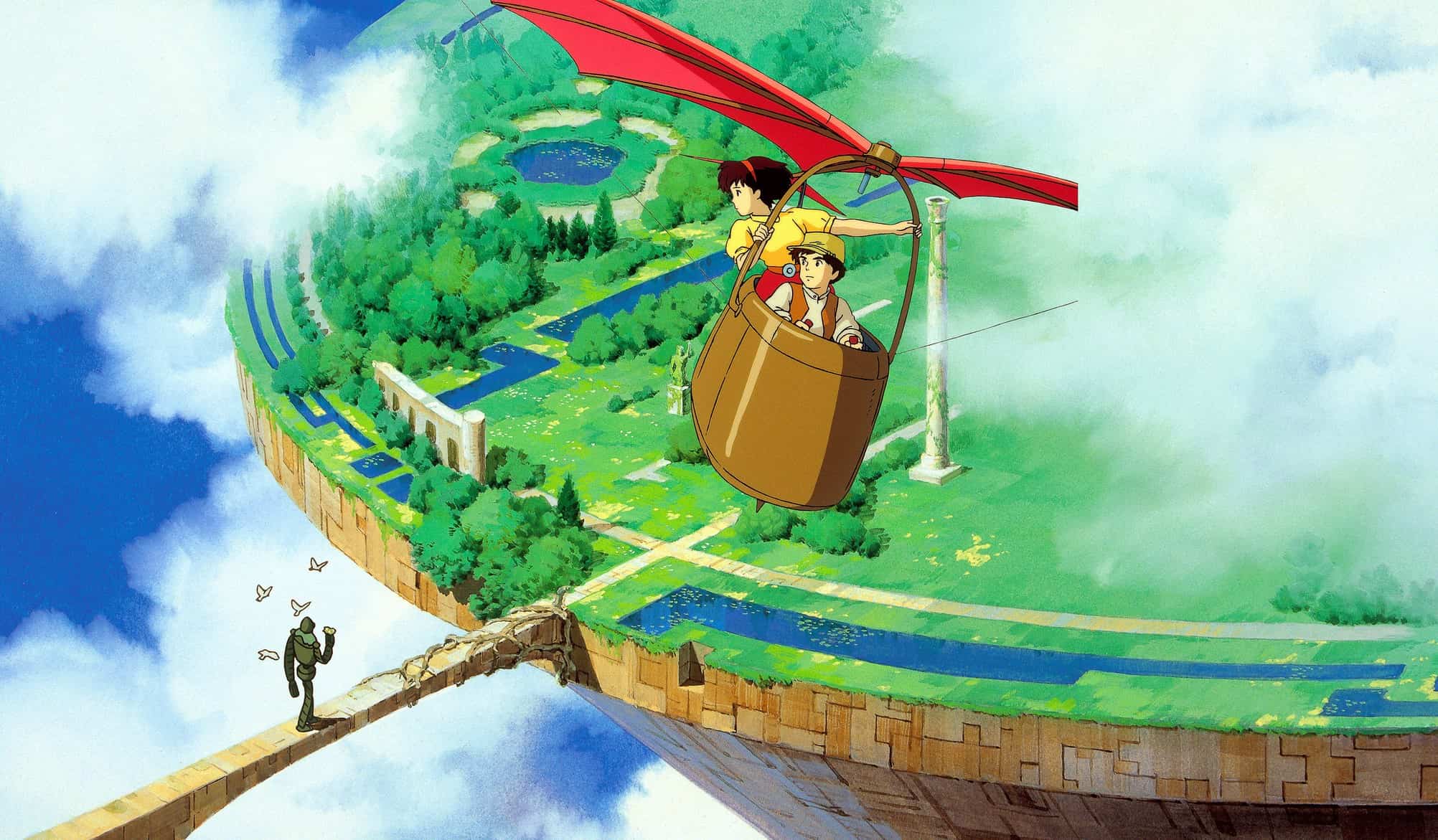 An animated boy and girl fly above a floating garden in this image from Studio Ghibli.
