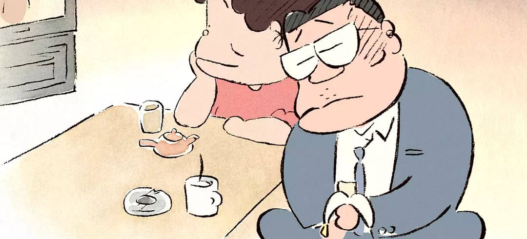 A cartoon couple has coffee at the breakfast table in this image from Studio Ghibli.