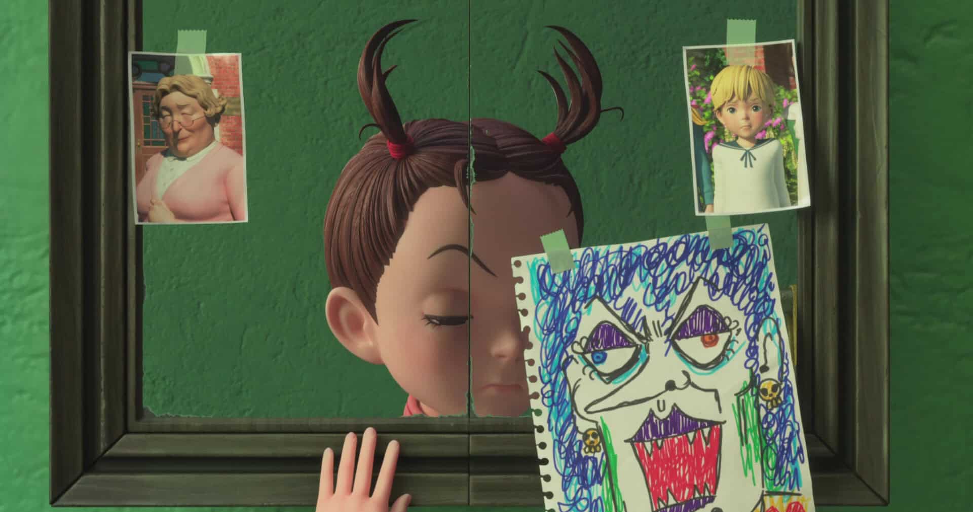 A 3D-animated girl looks in a mirror with taped photos in this image from Studio Ghibli.