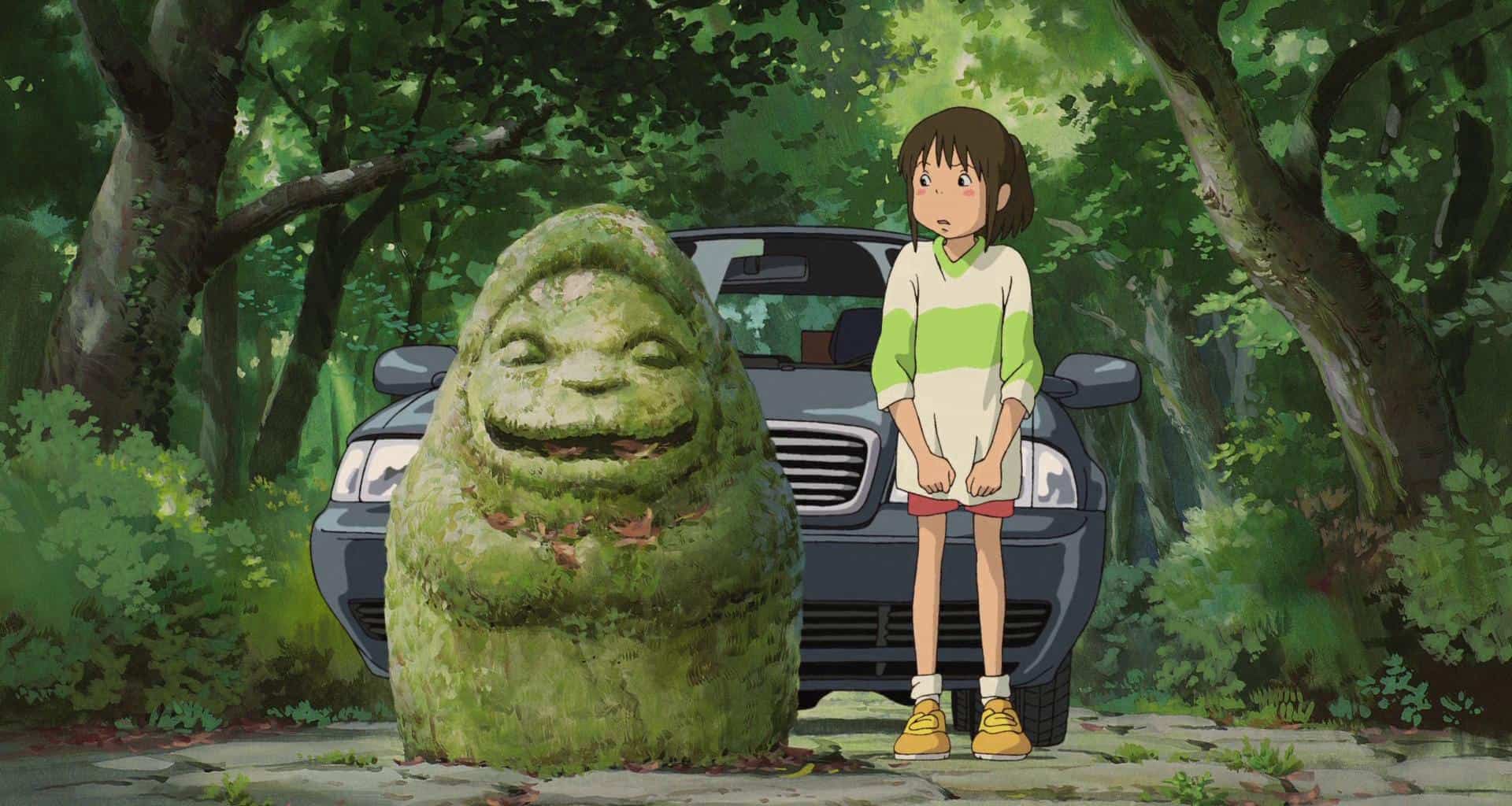 An animated girl looks suspiciously at a stone statue in this image from Studio Ghibli.