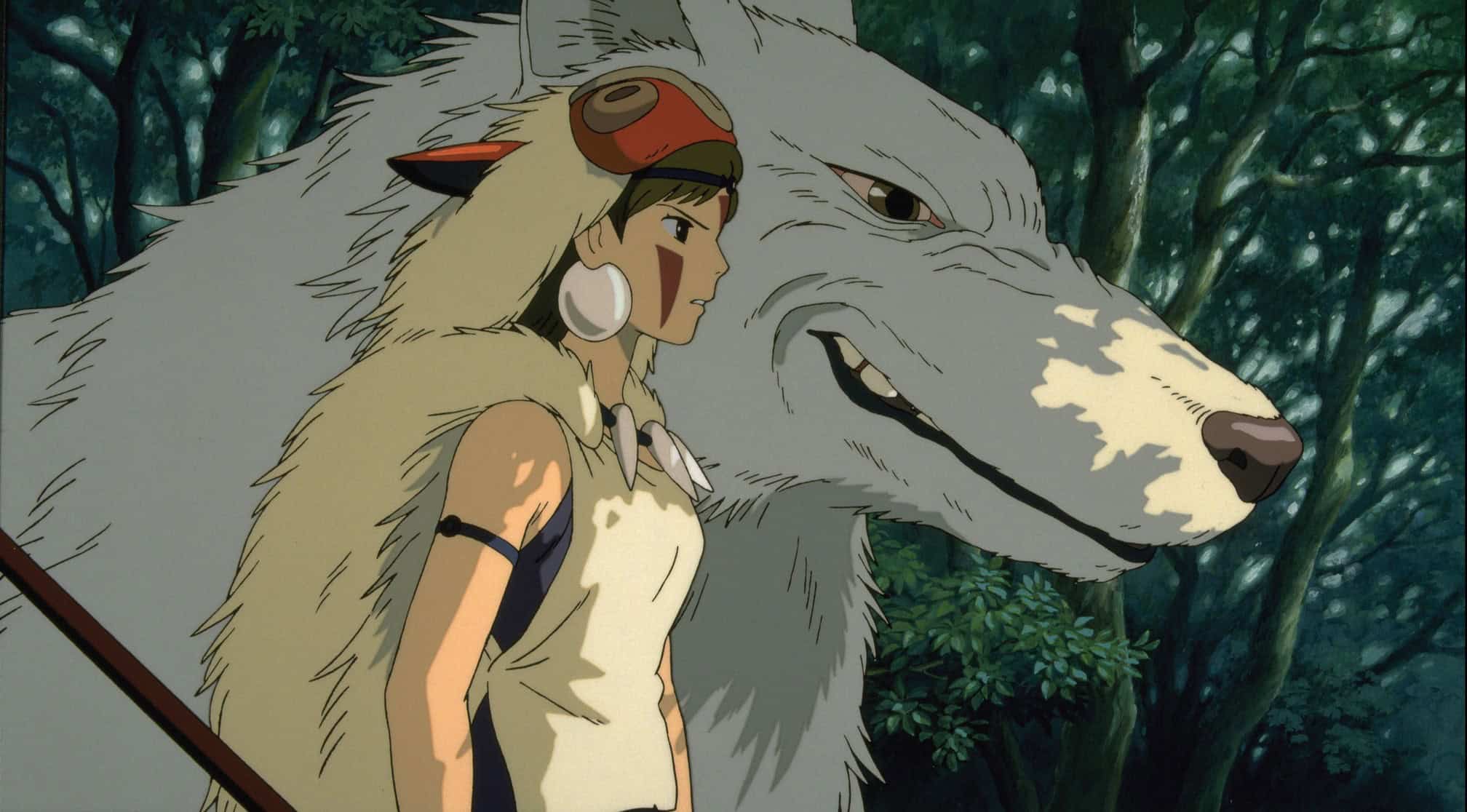 An animated girl in a headdress with a giant wolf in this image from Studio Ghibli.