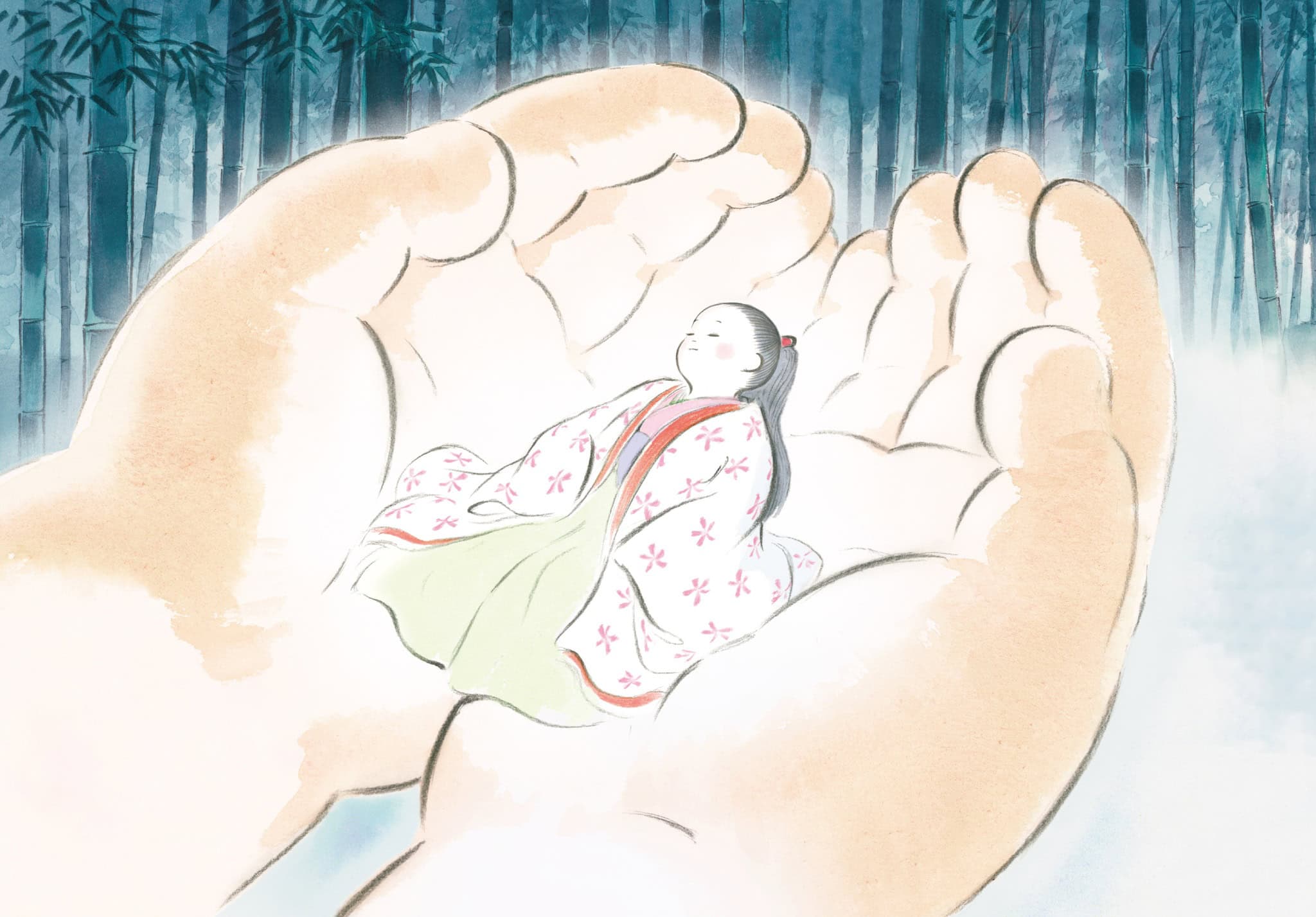 Animated hands holding a tiny girl in this image from Studio Ghibli.