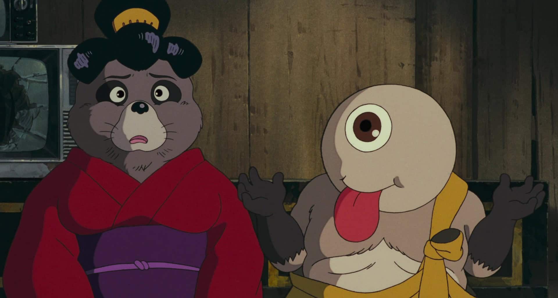 An animated raccoon and a cyclops in this image from Studio Ghibli.