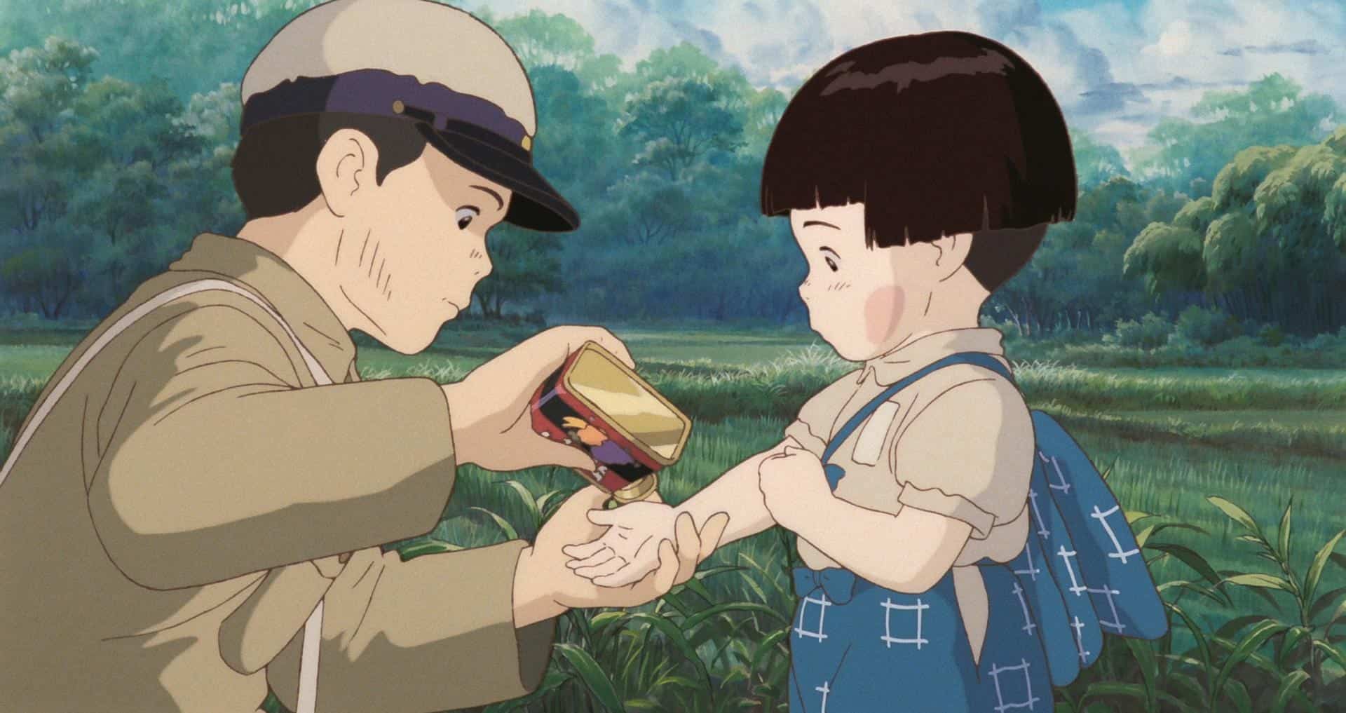 An animated young soldier helping his little sister in this image from Studio Ghibli.