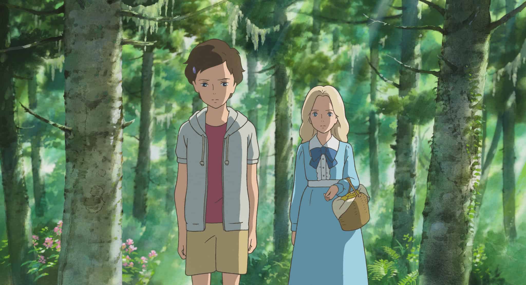 An animated girl in a modern dress and a girl in an old-fashioned dress walk through the woods in this image from Studio Ghibli.